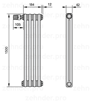Схема (чертеж) Радиатор Zehnder Charleston 2150/4 №V011 Белый глянцевый RAL 9016